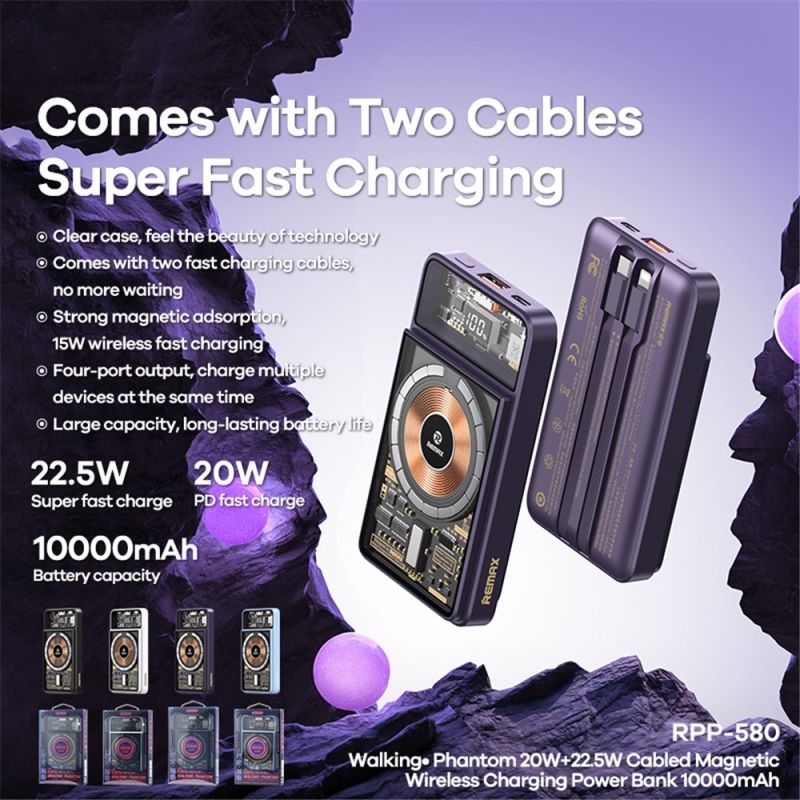 Зовнішній акумулятор REMAX Walking·Phantom Series PD20W+QC22.5W Cabled Magnetic Wireless Charging Power Bank 10000mAh RPP-580 Black