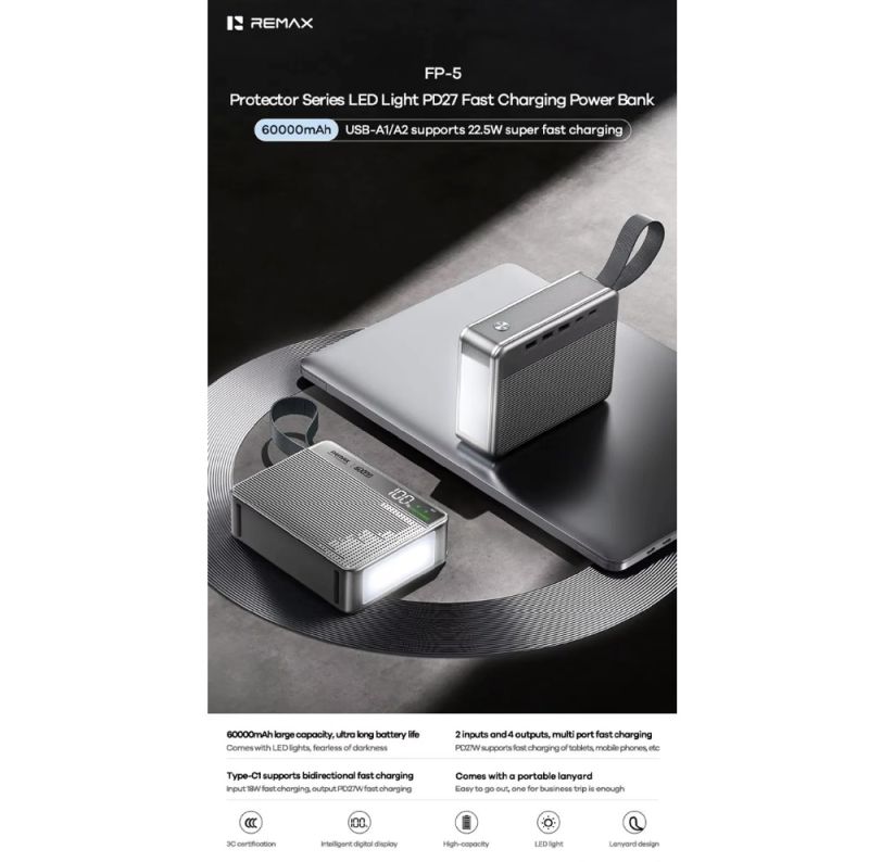 Зовнішній акумулятор REMAX Protector Series LED Light PD27 Fast Charging Power Bank 60000mAh FP-5 Gray