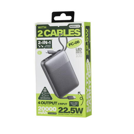Зовнішній акумулятор REMAX 22.5W Fast Charging Cables Power Bank 20000mAh FC-06 grey