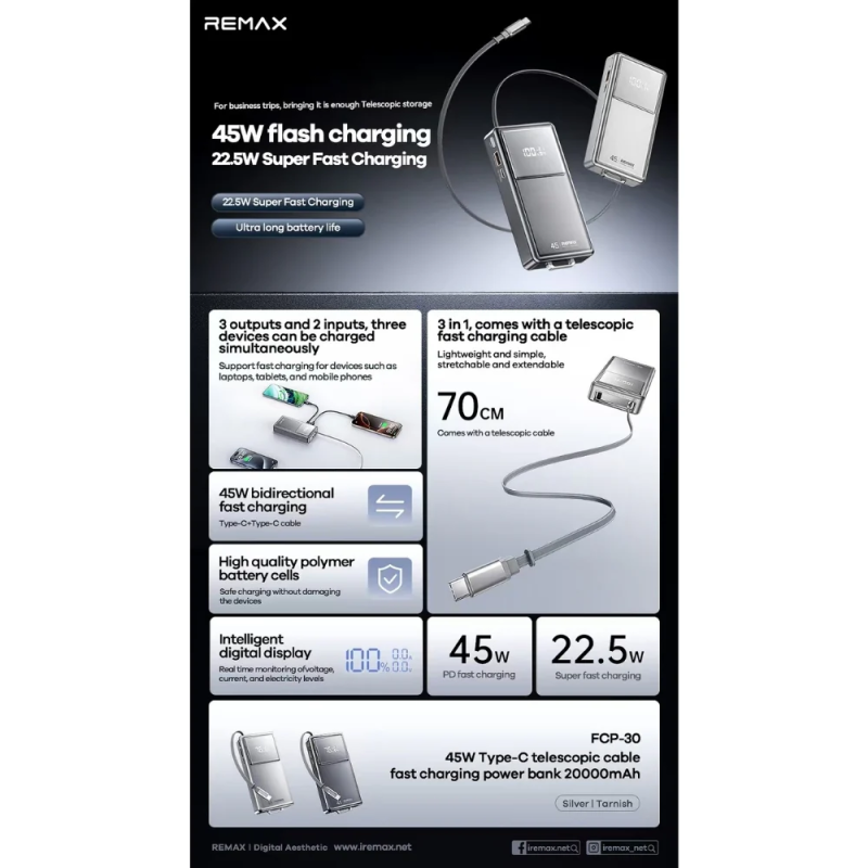 Зовнішній акумулятор REMAX 45W fast chaging Type-C telescopic cable power bank 20000mAh FCP-30 Tarnish