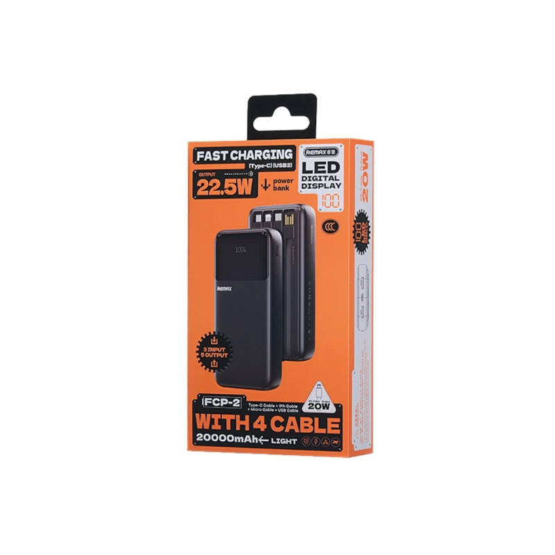 Зовнішній акумулятор REMAX 20W+22.5W with 3 Fast Charging Cable Power Bank 20000mAh FCP-2 Black