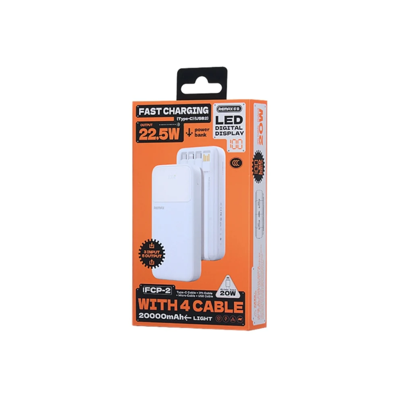 Зовнішній акумулятор REMAX 20W+22.5W with 3 Fast Charging Cable Power Bank 20000mAh FCP-2 White