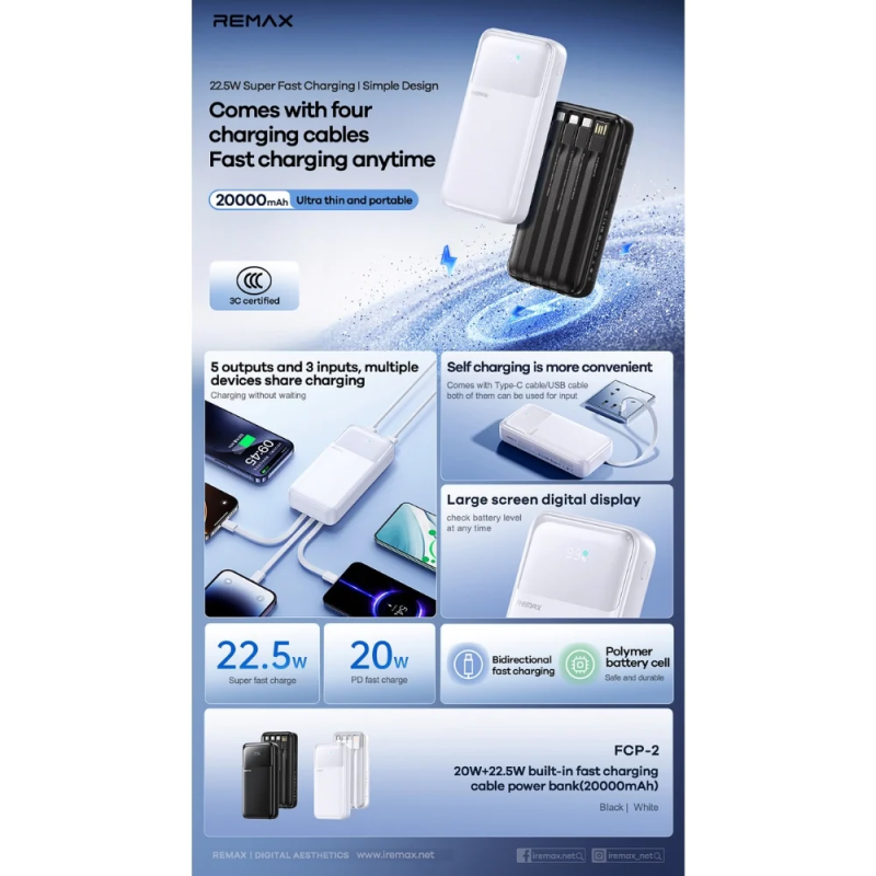 Зовнішній акумулятор REMAX 20W+22.5W with 3 Fast Charging Cable Power Bank 20000mAh FCP-2 White