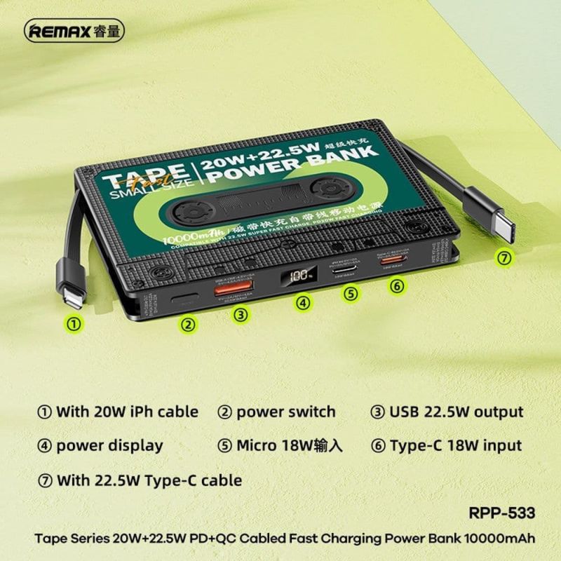 Зовнішній акумулятор REMAX Tape Series PD20W+QC22.5W Cabled Fast Charging Power Bank 10000mAh RPP-533 Black
