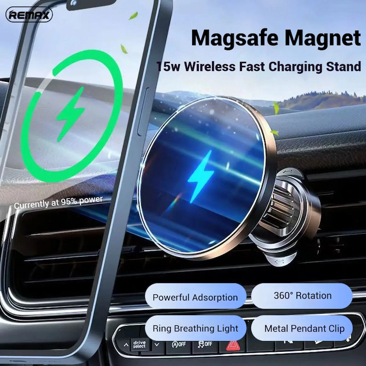 Автотримач для телефона з БЗП REMAX MagSafe Magnetic 15W Wireless Charging Car Mount RM-C01 Black