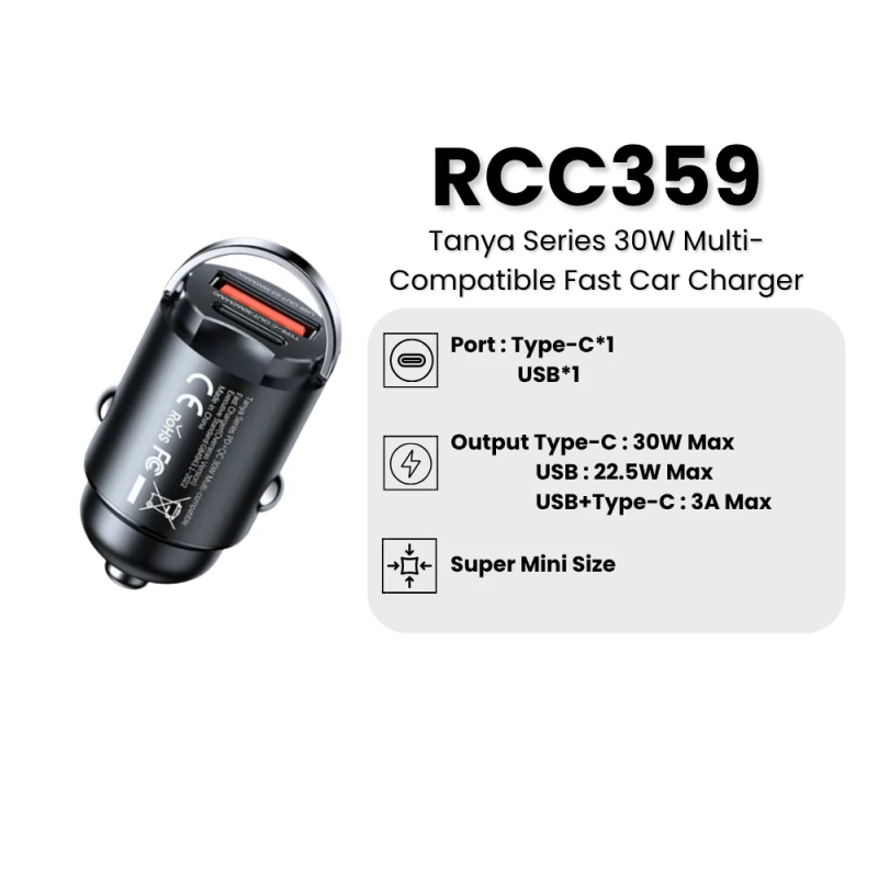 Автомобільний зарядний пристрій REMAX Tanya Series PD+QC 30W1A+1C Multi-compatible Fast Charger RCC359 Black