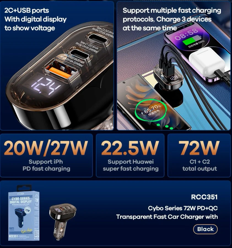 Автомобільний зарядний пристрій REMAX Cybo Series 72W PD+QC 1A+2C Transparent Fast Car Charger with Digital Display  RCC351 Black