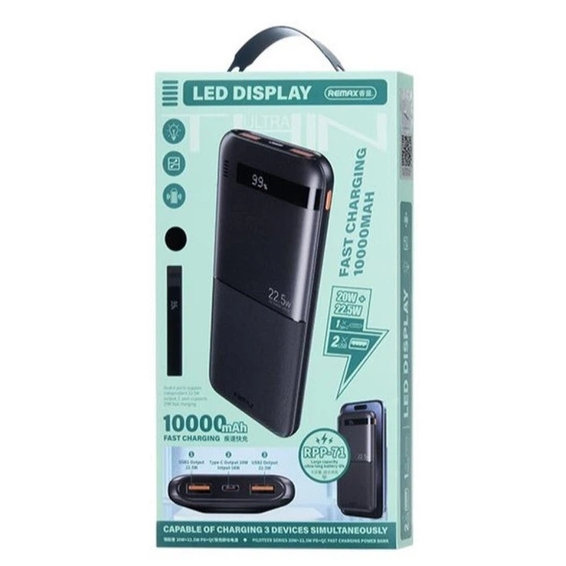 Зовнішній акумулятор REMAX Piloteer Series 20W+22.5W Fast Charging Power Bank 10000mAh RPP-71 Black