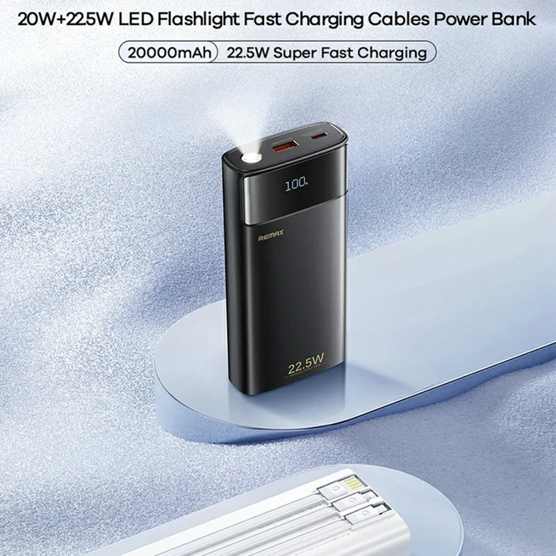Зовнішній акумулятор REMAX 20+22.5 LED Flashlight Fast Charging Cables Power Bank 20000mAh FC-12 Black