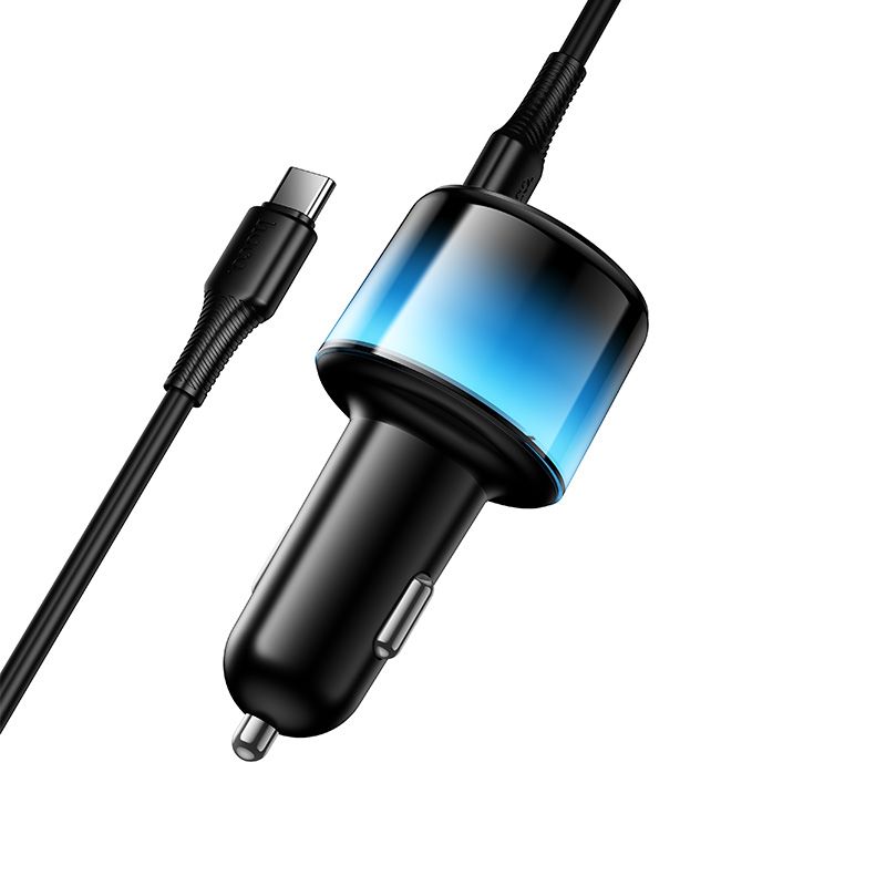 Автомобільний зарядний пристрій HOCO Z69A Vivido PD37W(2C1A) car charger with digital display set(C to C) Black