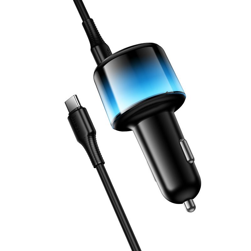 Автомобільний зарядний пристрій HOCO Z69A Vivido PD37W(2C1A) car charger with digital display set(C to C) Black