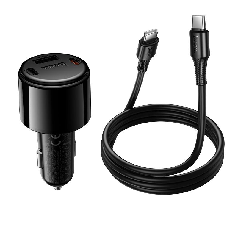 Автомобільний зарядний пристрій HOCO Z69A Vivido PD37W(2C1A) car charger with digital display set(C to C) Black