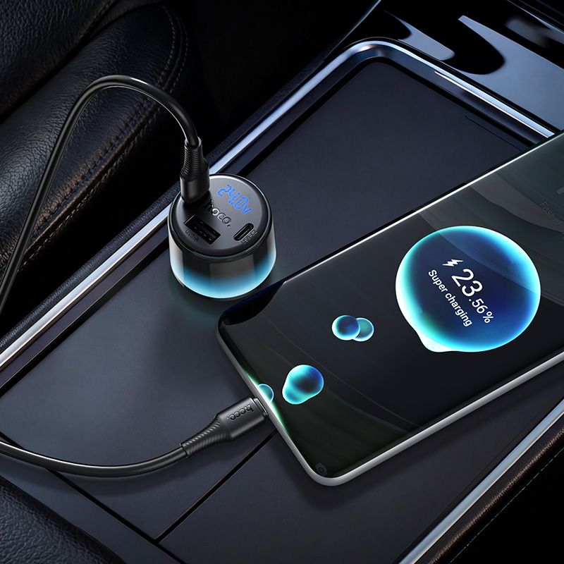 Автомобільний зарядний пристрій HOCO Z69A Vivido PD37W(2C1A) car charger with digital display set(C to C) Black