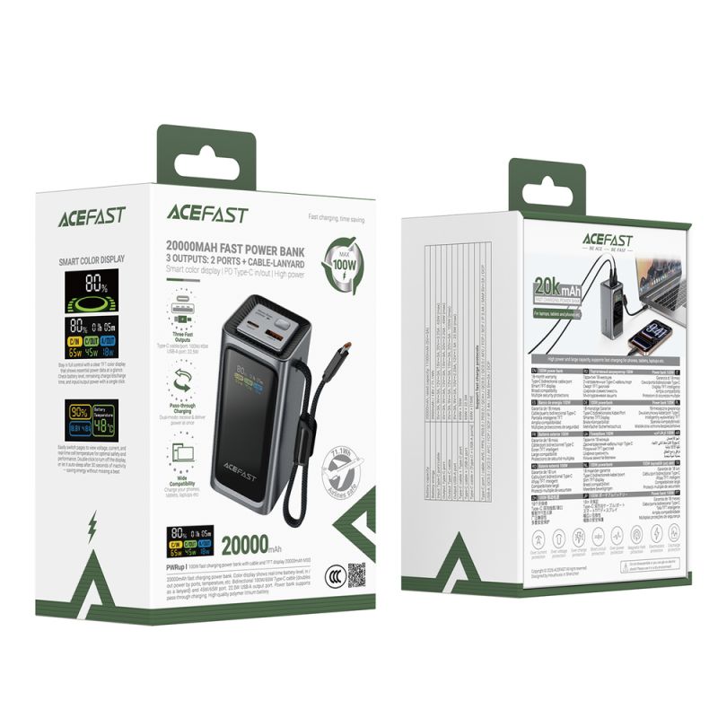 Зовнішній акумулятор ACEFAST M33-20000 100W fast charging power bank with cable and TFT display metal gray