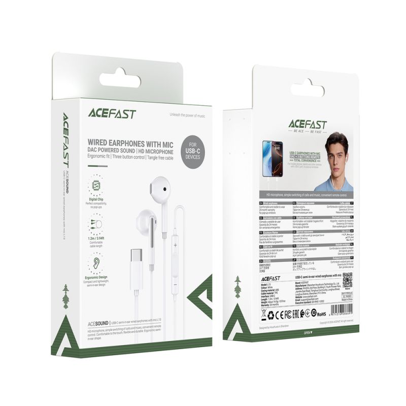 Навушники ACEFAST L13 USB-C semi-in-ear wired earphones with mic White