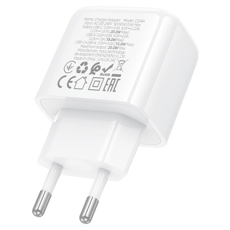 Мережевий зарядний пристрій HOCO CS54A Surplus PD20W+QC3.0 charger White