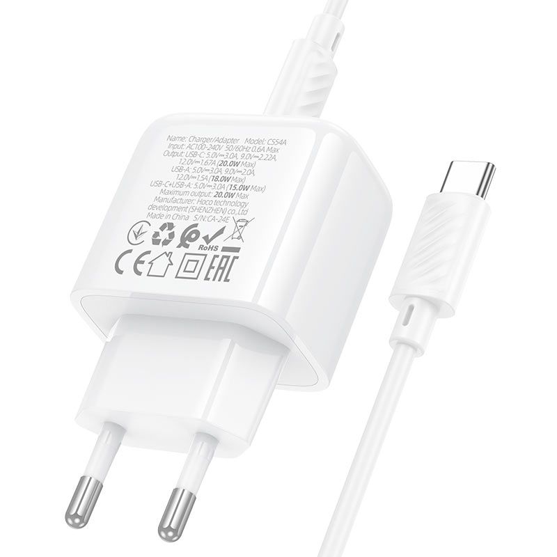 Мережевий зарядний пристрій HOCO CS54A Surplus PD20W+QC3.0 charger set(C to C)
