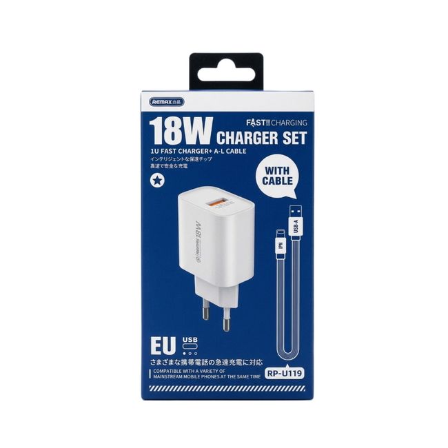 Мережевий зарядний пристрій з кабелем REMAX Kiddy 18W Charger+ Cable Set  RP-U119 EU-A-L