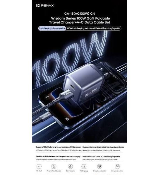 Мережевий зарядний пристрій з кабелем REMAX Wisdom Series 100W GaN Travel Charger+A-C Data Cable Set CA-15(AC100W) EU Tarnish