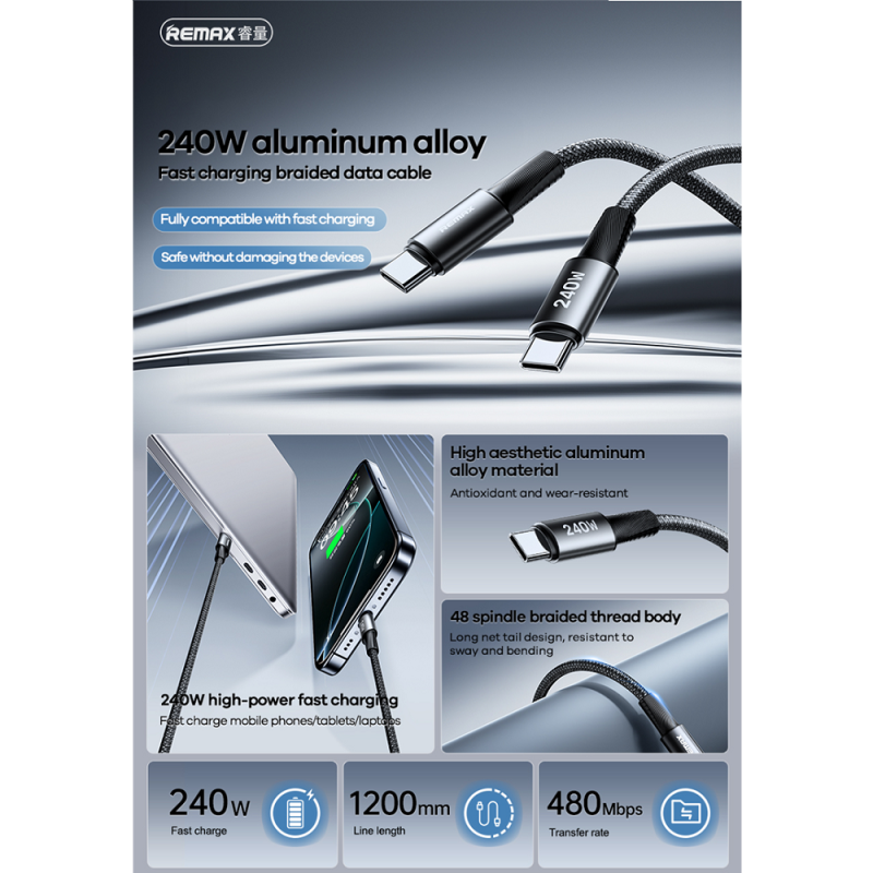 Кабель REMAX WindSpeed Series Fast charging aluminum alloy braided data cable CB25 (C-C)  240W - Black 1.2M