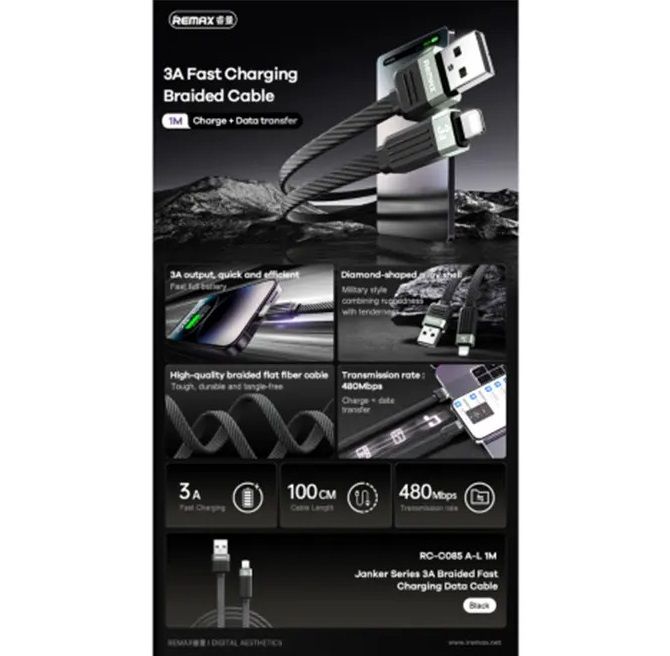 Кабель REMAX Janker Series 3A Braided Fast Charging Data Cable RC-C085 A-L Black
