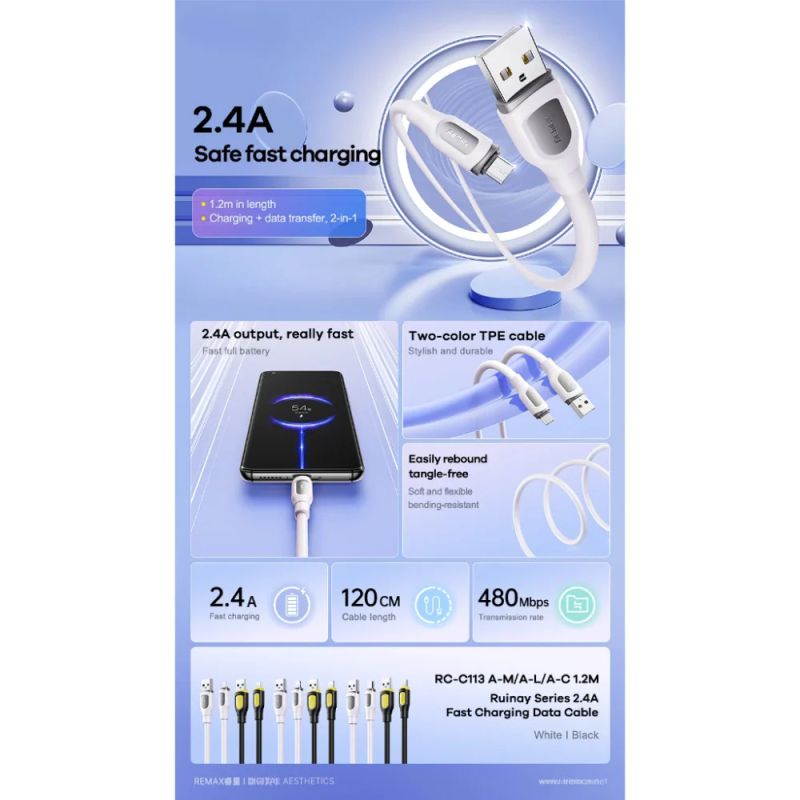 Кабель REMAX Ruinay Series 2.4A Fast Charging Data Cable 1M RC-C113  A-L-White