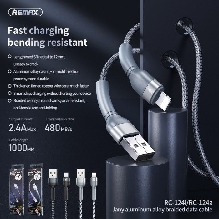 Кабель REMAX Jany Series Aluminum Alloy Braided 2.4A data cable RC-124m/i/a Lightning-Black