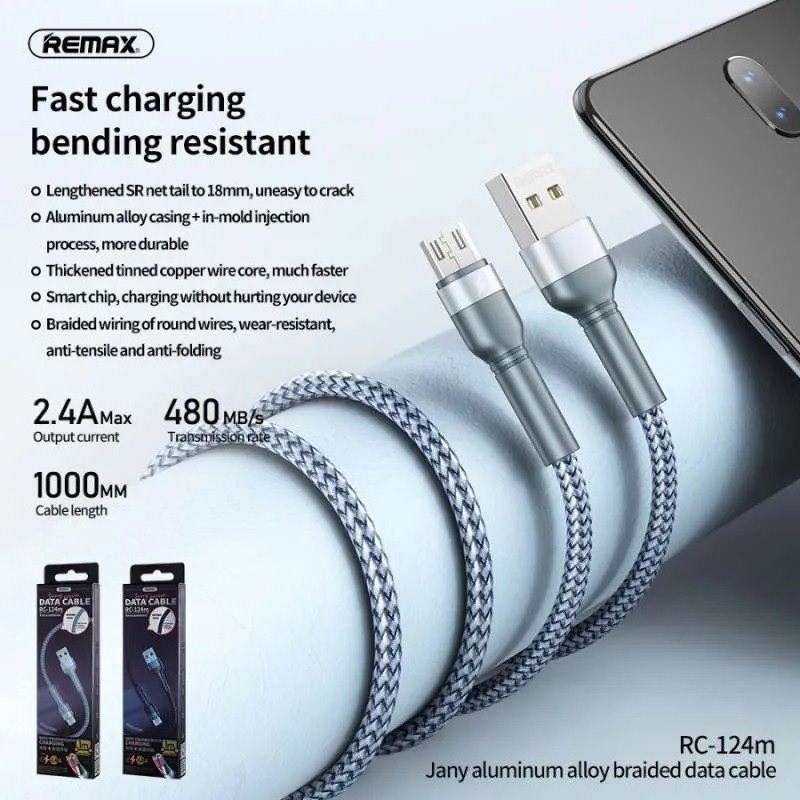 Кабель REMAX Jany Series Aluminum Alloy Braided 2.4A data cable RC-124m/i/a Micro-Black