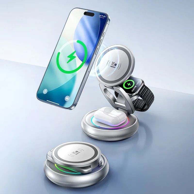 Бездротовий зарядний пристрій REMAX 20.5W Upgrade free metal foldable rotatable magnetic 3 in 1 wireless charger CW05 Sliver