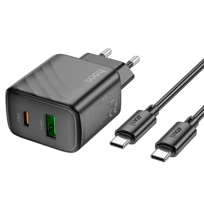 Мережевий зарядний пристрій з кабелем HOCO CS23A Sunlight dual-port PD30W+QC3.0 charger set(Type-C to Type-C)(EU) Black