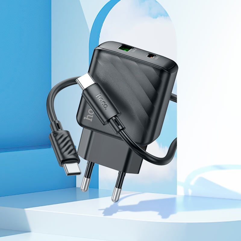 Мережевий зарядний пристрій з кабелем HOCO CS23A Sunlight dual-port PD30W+QC3.0 charger set(Type-C to Type-C)(EU) Black