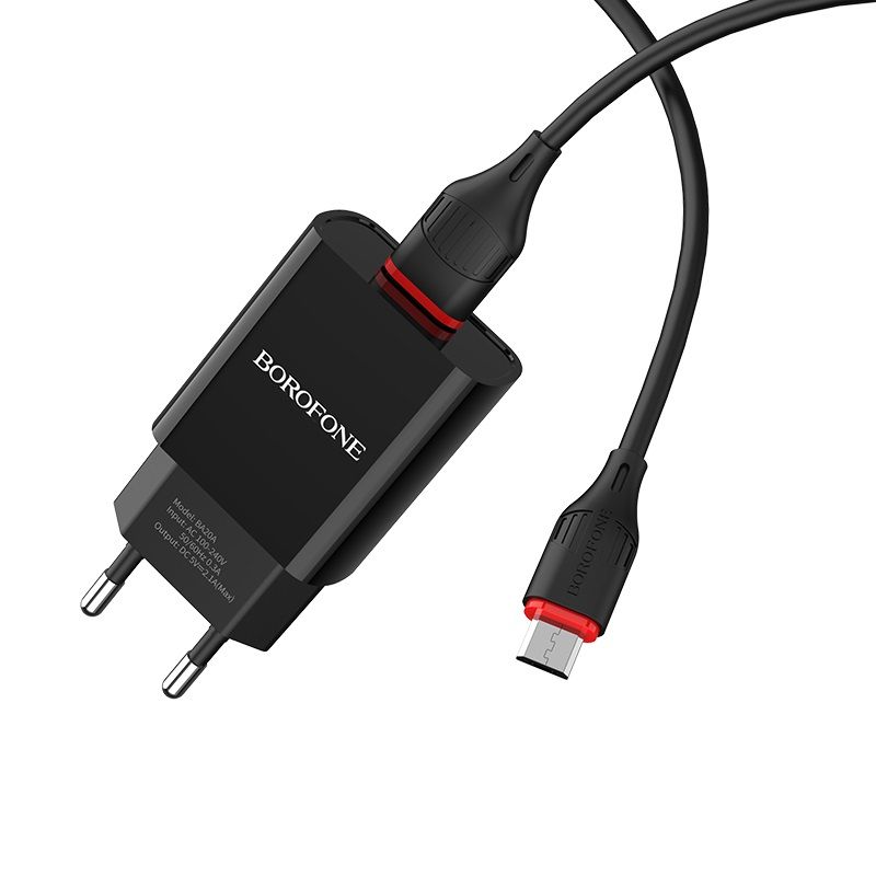 Мережевий зарядний пристрій з кабелем BOROFONE BA20A Sharp single port charger set(Micro) 10.5W Black
