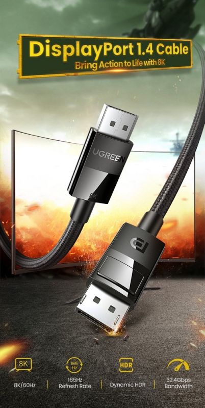 Кабель UGREEN DP114 DP Male to Male DP1.4 8K Round Cable ABS Shell Braid 1.5m (Black) (UGR-80391)