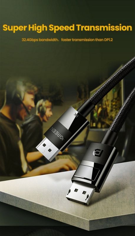 Кабель UGREEN DP114 DP Male to Male DP1.4 8K Round Cable ABS Shell Braid 1.5m (Black) (UGR-80391)