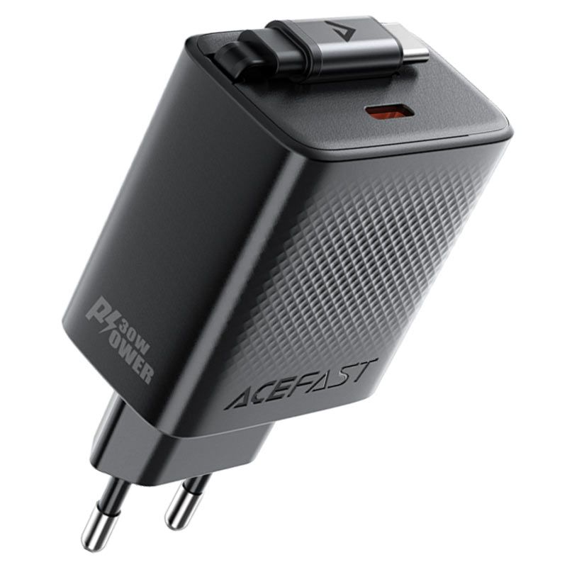 Мережевий зарядний пристрій з кабелем ACEFAST A110 PD30W GaN charger (USB-C+USB-C) with retractable cable (EU) Black