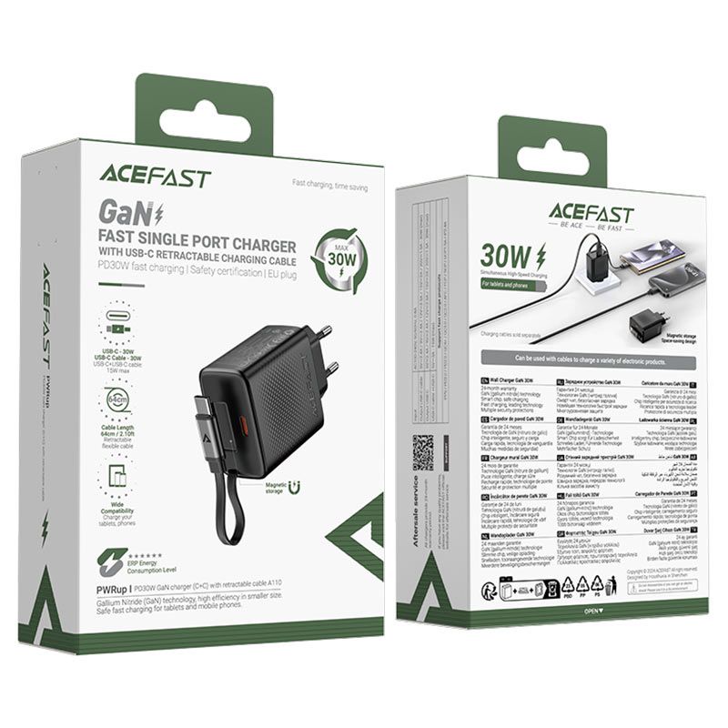 Мережевий зарядний пристрій з кабелем ACEFAST A110 PD30W GaN charger (USB-C+USB-C) with retractable cable (EU) Black