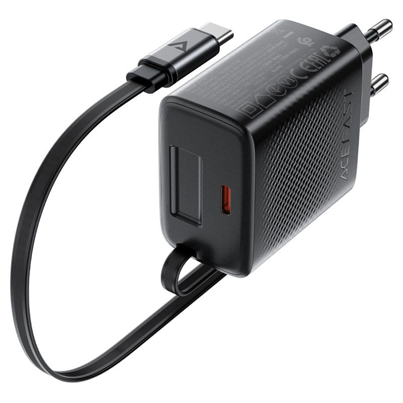 Мережевий зарядний пристрій з кабелем ACEFAST A110 PD30W GaN charger (USB-C+USB-C) with retractable cable (EU) Black