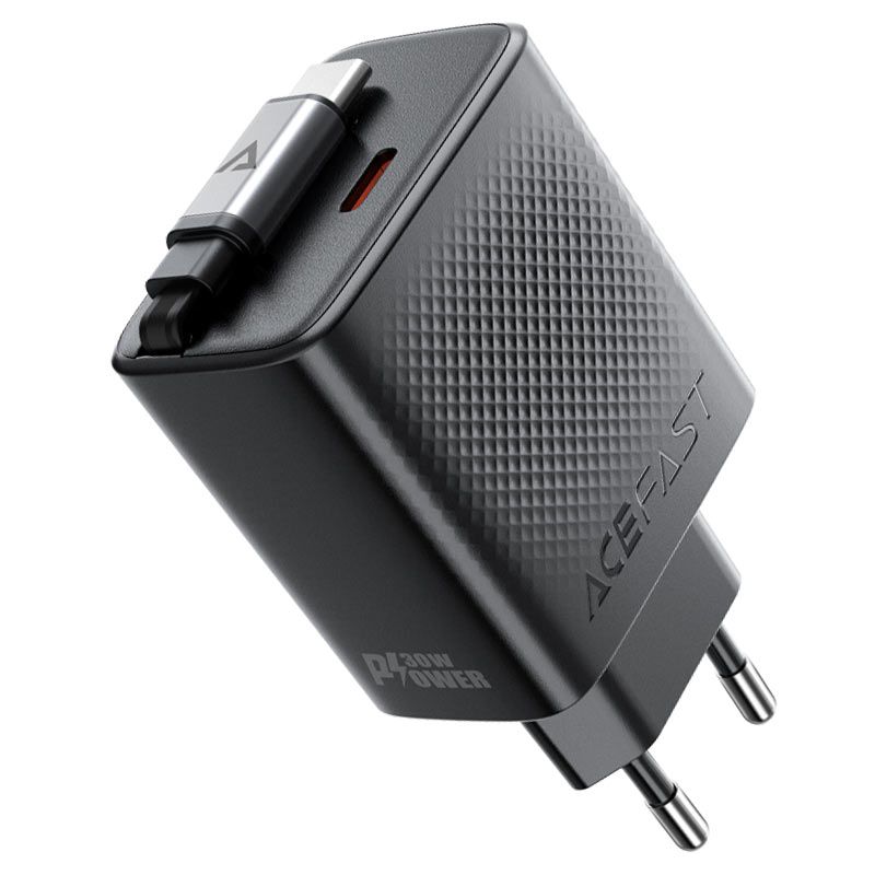 Мережевий зарядний пристрій з кабелем ACEFAST A110 PD30W GaN charger (USB-C+USB-C) with retractable cable (EU) Black