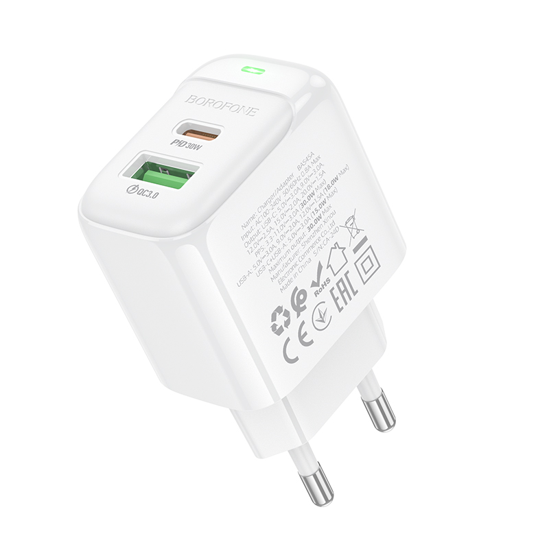 Мережевий зарядний пристрій BOROFONE BAS45A Potential PD30W+QC3.0 charger(EU) White