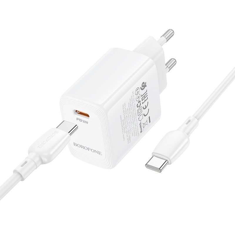 Мережевий зарядний пристрій з кабелем BOROFONE BN28 Fuente single port PD30W charger set (C to C) (EU) White