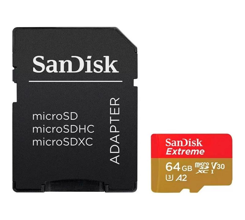 Карта пам'яті microSDXC (UHS-1 U3) SanDisk Extreme For Action Cams and Drones A2 64Gb class 10 V30 (R170MB/s,W80MB/s) (adapter)