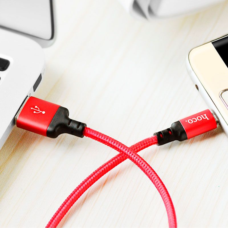 Кабель HOCO X14 USB to Micro 2,4A, 1m, nylon, aluminum connectors Black-red