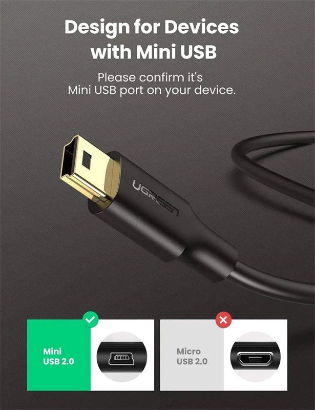 Кабель UGREEN USB 2.0 A Male to Mini 5 Pin Male Cable 0.5m (Black)