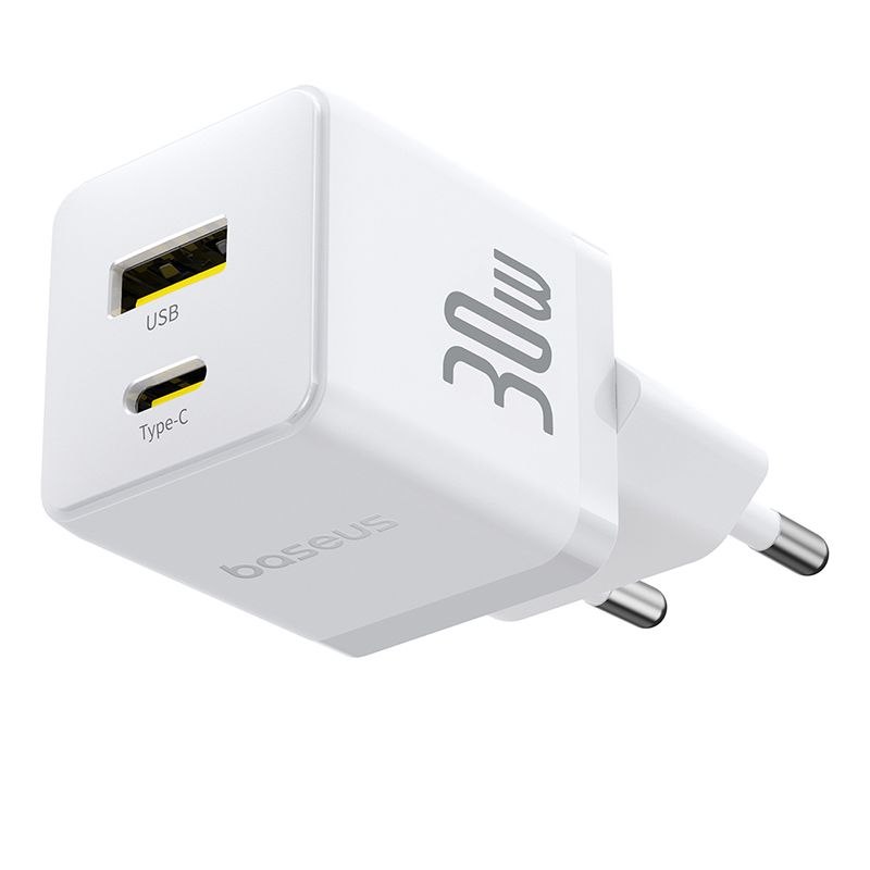Мережевий зарядний пристрій з кабелем Baseus Palm Fast Charger C+U 30W EU Moon White (with USB-C to USB-C 60W (20V/3A) 1m Moon White)
