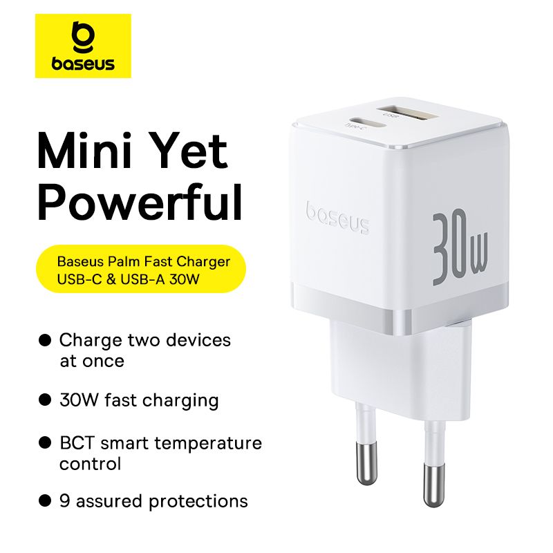 Мережевий зарядний пристрій з кабелем Baseus Palm Fast Charger C+U 30W EU Moon White (with USB-C to USB-C 60W (20V/3A) 1m Moon White)