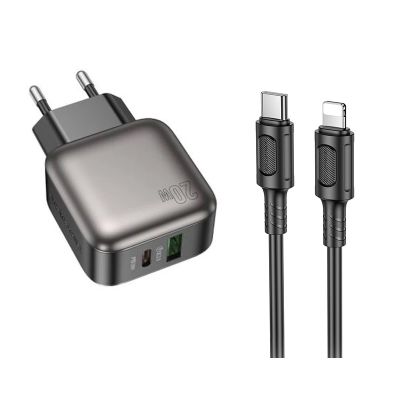 Мережевий зарядний пристрій з кабелем BOROFONE BAS54A Absolute PD20W+QC3.0 charger set (C to iP) (EU) Black