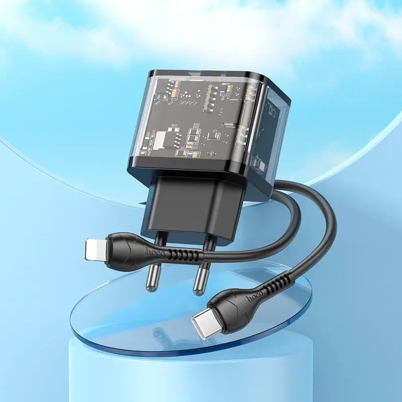 Мережевий зарядний пристрій з кабелем HOCO N34 Dazzling dual-port PD20W+QC3.0 charger set(C to iP) Transparent Black