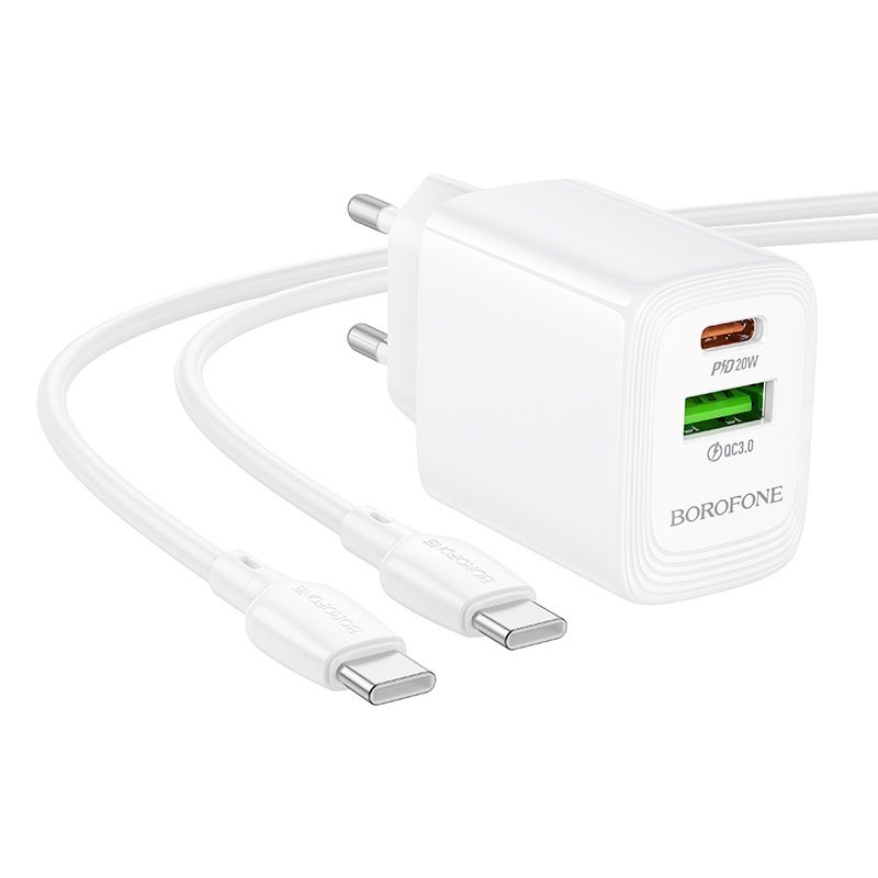 Мережевий зарядний пристрій з кабелем BOROFONE BN27 Fuente PD20W+QC3.0 charger set (C to C) (EU) White