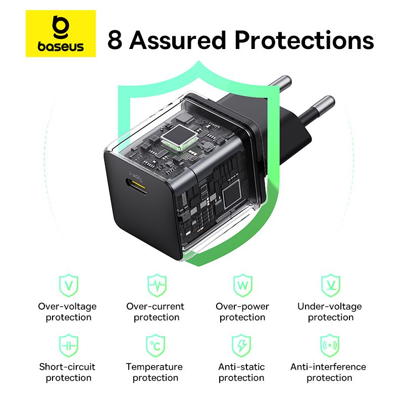 Мережевий зарядний пристрій Baseus Palm Fast Charger 1C 20W EU Cluster Black (with Baseus Mini White Cable USB-C to USB-C 60W (20V/3A) 1m Cluster Blac