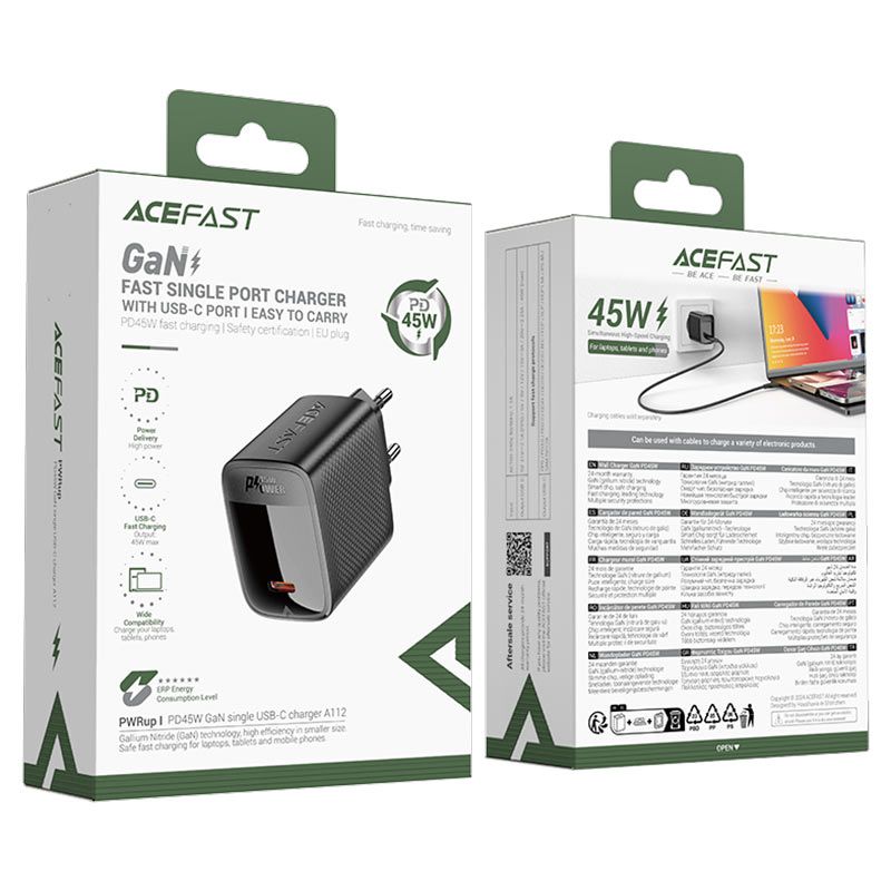 Мережевий зарядний пристрій ACEFAST A112 PD45W GaN single USB-C charger (EU) Black